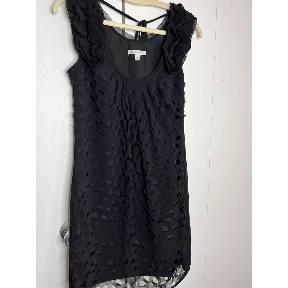 Peppe Peluso Black Chiffon Dress Womens S Ruffle Shoulder Textured Overlay Sheer